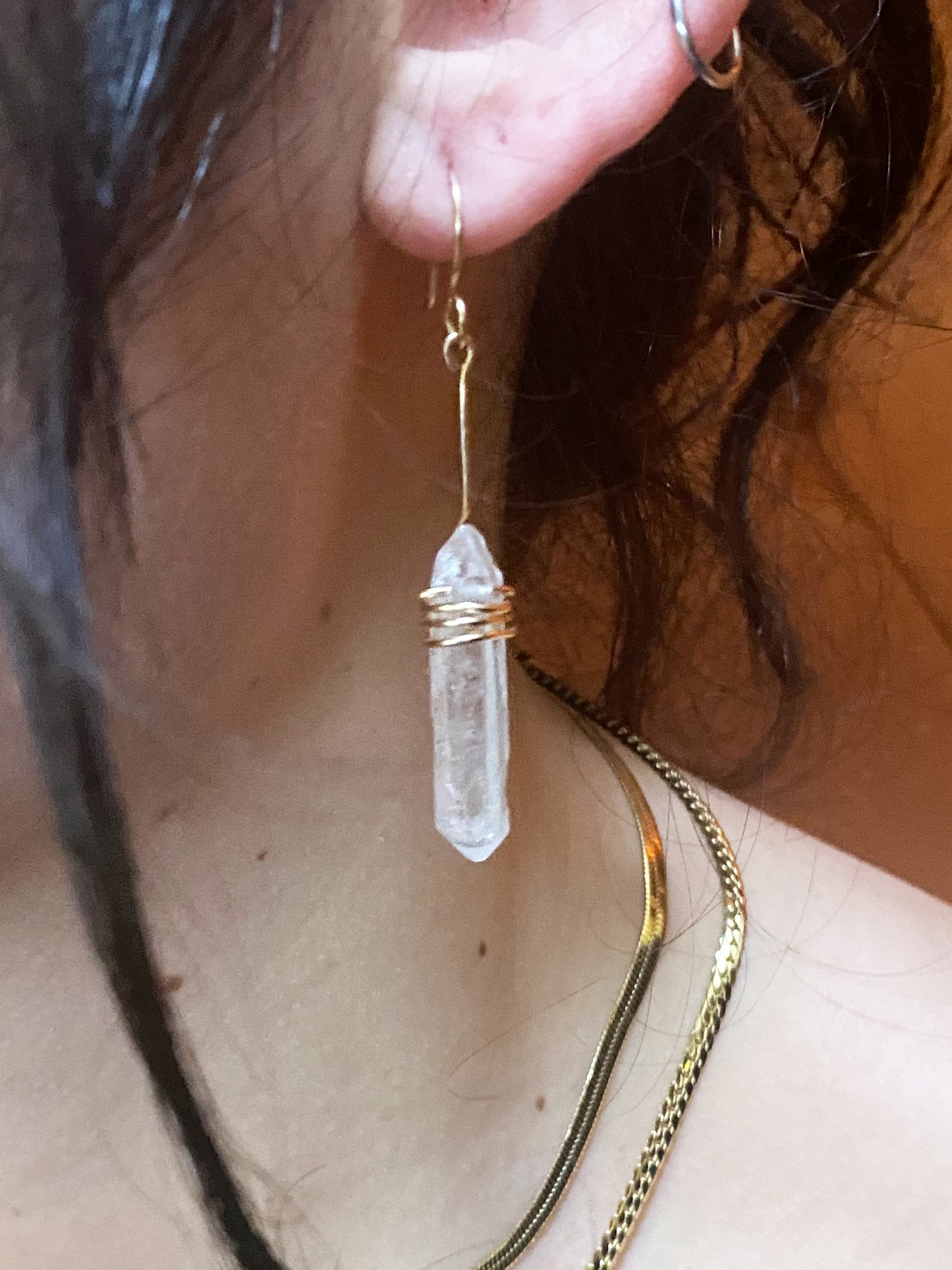 14k Yellow Gold Wrapped Dangle Quartz Earrings