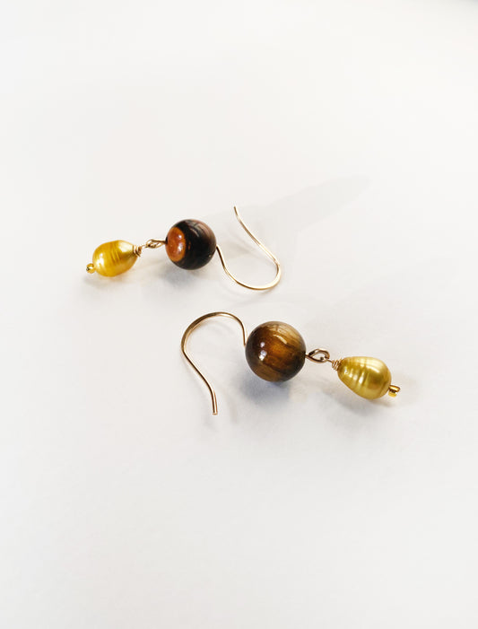 Tiger's Eye x Gold Pearl Earrings